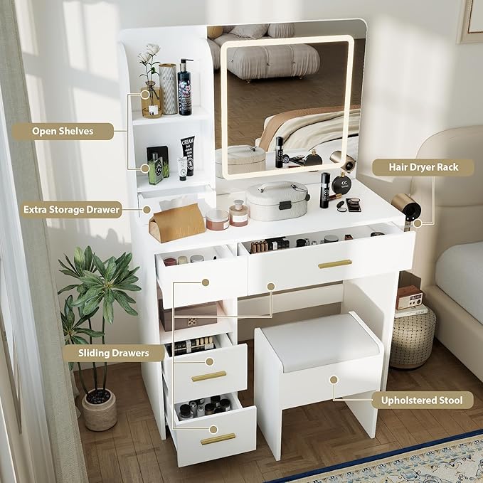 Vanity Desk with Mirror and Lights, 3 Adjustable Lighting Makeup Vanity Desk with 3 Storage Shelves, 5 Large Drawers and Power Outlet, White Vanity with Chair for Bedroom