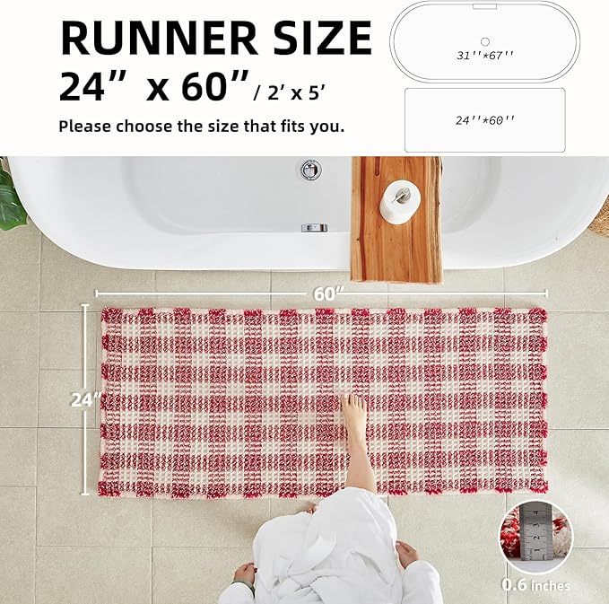 Waffle Runner Rug Bathroom, Long Boho Bathroom Rugs Non Slip Washable Absorbent Checkered Bathroom Mat Quick Dry Cute Bath Mat, 60"x24" Red and White