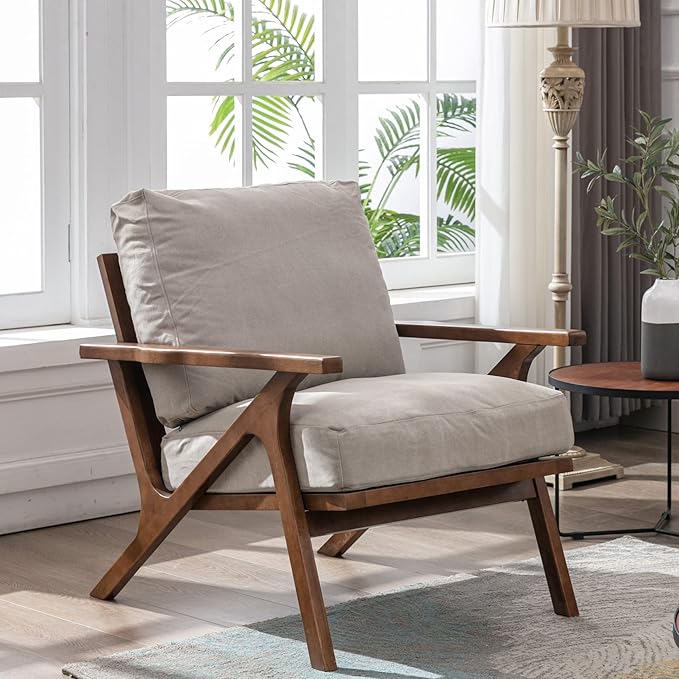 Wahson Mid Century Armchair, Accent Armchair, with Wood Frame and Canvas Cushions, Leisure Slipper Chair for Living Room/Bedroom, Beige