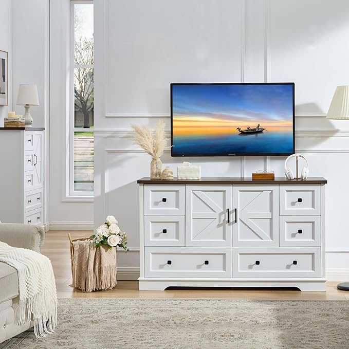 SOOWERY Dresser for Bedroom, Farmhouse Dresser with 6 Wooden Drawers and Storage Cabinet, 55 Inches Wide Chest of Drawers for Bedroom, Living Room, Hallway, White