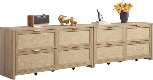 SICOTAS Large Dresser for Bedroom Set 2, Rattan Dressers with 4 Deep Drawers, Long Chest of Drawers for Closet, Farmhouse TV Stand(Reclaimed Light Oak, 4 Drawers (2 pcs))