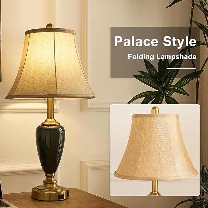 24" Ceramic Table Lamp with 3 Way Dimmable Touch Lamps - 2 USB Ports & AC Outlet Bedside Lamps, Modern Nightstand Lamp for Bedroom Living Room Office (Bulb Included) (Dark Green-2 Pack)