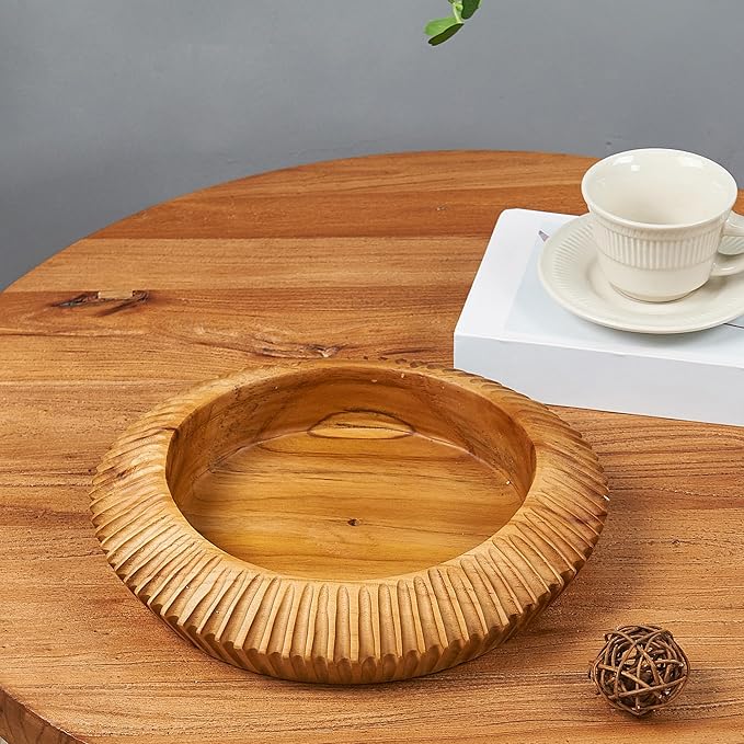 Teak Handcrafted Wooden Bowls Natural Wood Round Utility Bowl 11.8" W Handmade Rustic Serving Platter Fruit Snack Holder for Entry Table Vintage Artworks Dining Room Home Décor