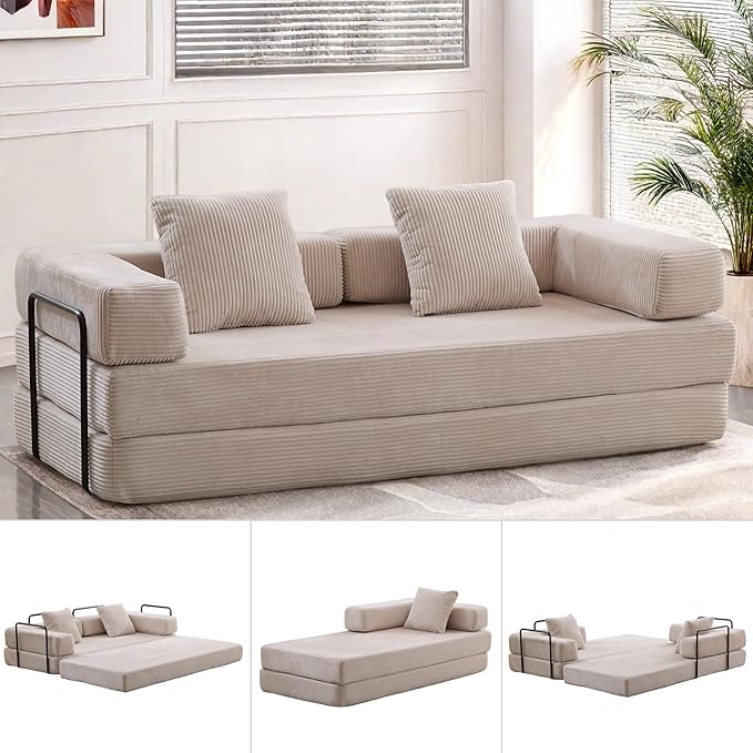 Convertible Sofa Bed, Compression Futon Sofa with Pillows & Armrest, Foldable Mattress Couch with Fixed-Shape Frame, Comfy Couch Lounge Sleeper Bed for Living Room Bedroom, Light Gray