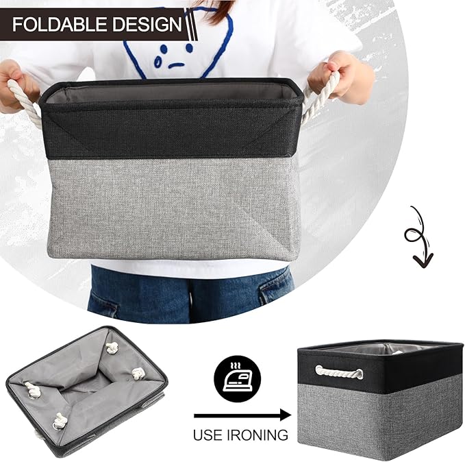 meekoo 8 Pack Collapsible Storage Bins Fabric Storage Bins Polyester Fabric Baskets with Handles Linen Closet Organizer for Shelf Home Closet Towels Toys(15 x 11 x 9.5 in,Black Gray)