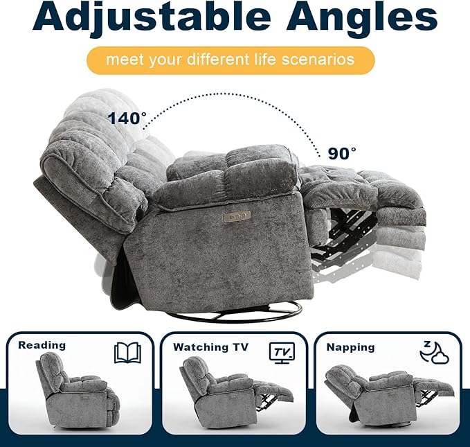 GINGO Power Oversized Recliner Chair, Extra Wide Swivel Rocking Recliner Chair, Breathable Soft Fabric Modern Single Sofa for Living Room, 90°-140° Electric Adjustable Angle, USB & Type-C Port, Gray