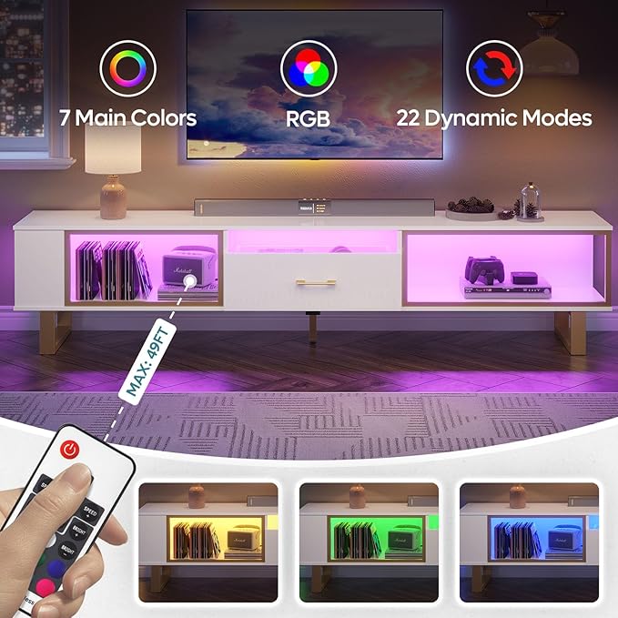 Bestier 80 Inch TV Stand for 65/75/85/90 Inch TVs, LED Gaming Entertainment Center with Open Storage and Half-Glass Design Drawer, Modern High Gloss Media Console for Living Room, White and Gold