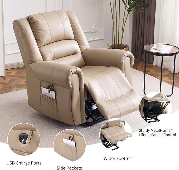FLEXISPOT Power Lift Recliner Chair for Elderly with Massage & Heat, Faux Leather Electric Reclining Chair for Seniors with USB Ports, Cup Holders & Side Pockets(Medium Size,Light Brown