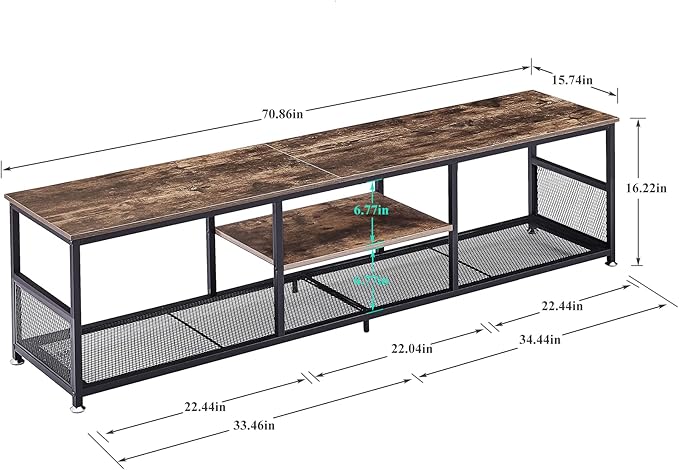 VECELO Industrial TV Stand for Televisions up to 80 Inch, 70" Entertainment Center with Open Storage Shelves for Living Room/Bedroom, 3 Tiers Media Console Table with Metal Frame, Brown, 70 Inches
