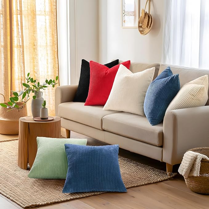 Mecatny Corduroy Decorative Throw Pillow Covers 18x18 Set of 2 for Sofa Living Room, Soft Neutral Boho Couch Pillow Covers for Home Decor, Black
