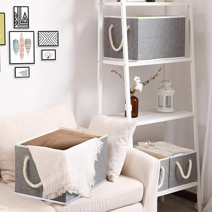 Yawinhe Foldable Fabric Storage Cubes 3-Pack, Collapsible Bins with Rope Handle, Large Closet Organizers for Shelves, Closets, Clothes, 14.96''Lx9.84''Wx8.26''H, Grey