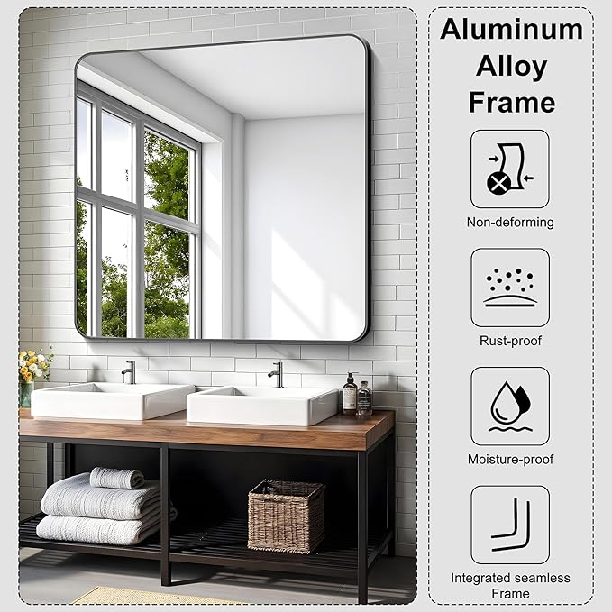 KOCUUY 42"x42" Large Square Vanity Mirror, Black Metal Frame Mirror with Rounded Corner, Modern Design of Upgraded Shatterproof Glass for Bathroom, Bedroom, Living Room, Entryway