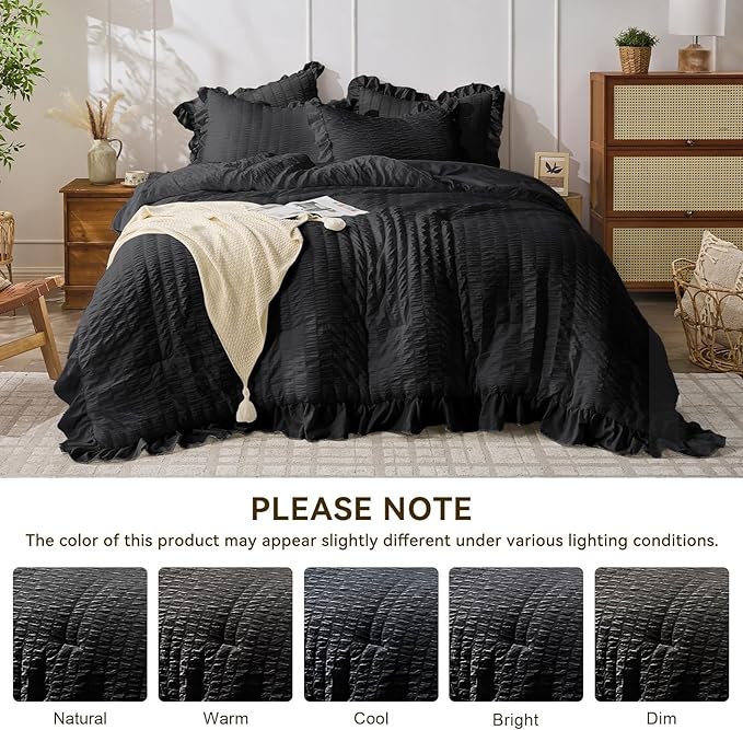 JOLLYVOGUE Black King Comforter Set, 3 Pieces Seersucker Comforters King Size, Lightweight & Fluffy Bedding Sets King for All Season with 1 Ruffle Comforter and 2 Ruffle Pillowshams