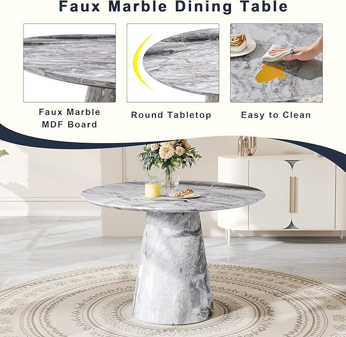 Round Dining Table Set for 4, 45IN Kitchen Table Set with Faux Marble Table Top and PU Upholstered Chairs, Modern Dinner Table with Chairs Set for Dinning Room, Living Room