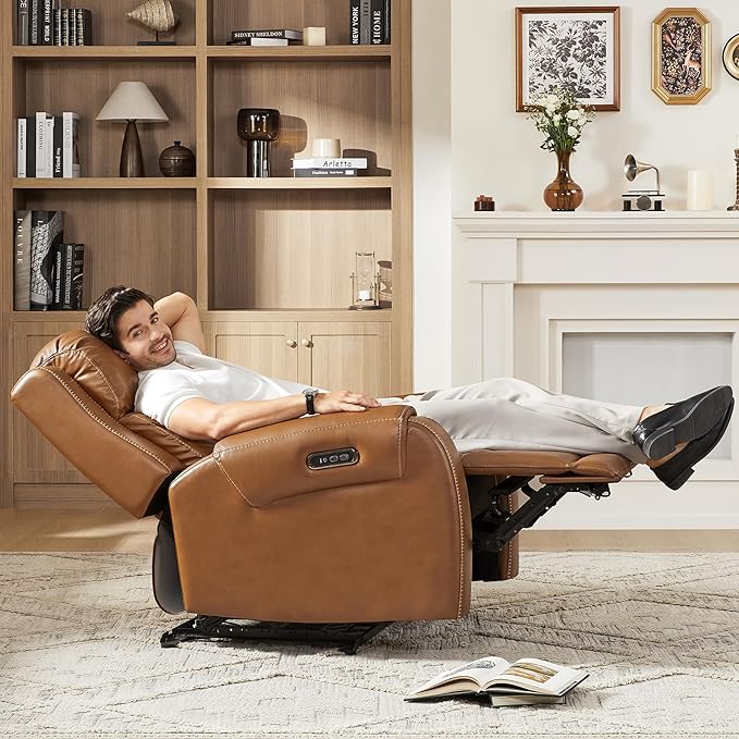 CHITA Genuine Leather Power Recliner Chair for Adults, Electric Wall Hugger Recliner with Adjustable Power Headrest & USB/Type-C Ports, Compact for Small Spaces & Living Rooms, Saddle Brown