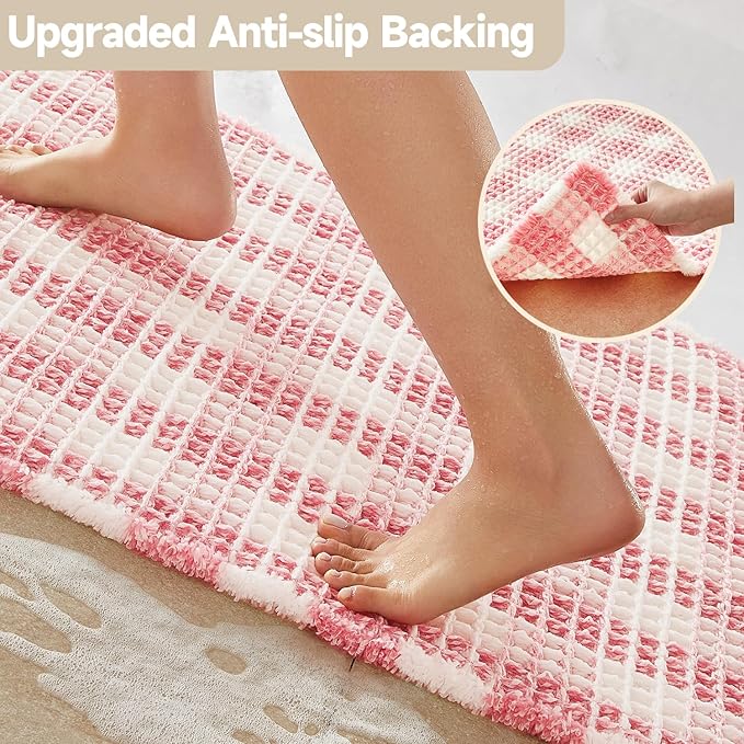 Waffle Bath Mat, Boho Bathroom Rugs Non Slip Washable Absorbent Checkered Bathroom Mat Quick Dry Cute Bath Mat, 48"x24" Pink and White