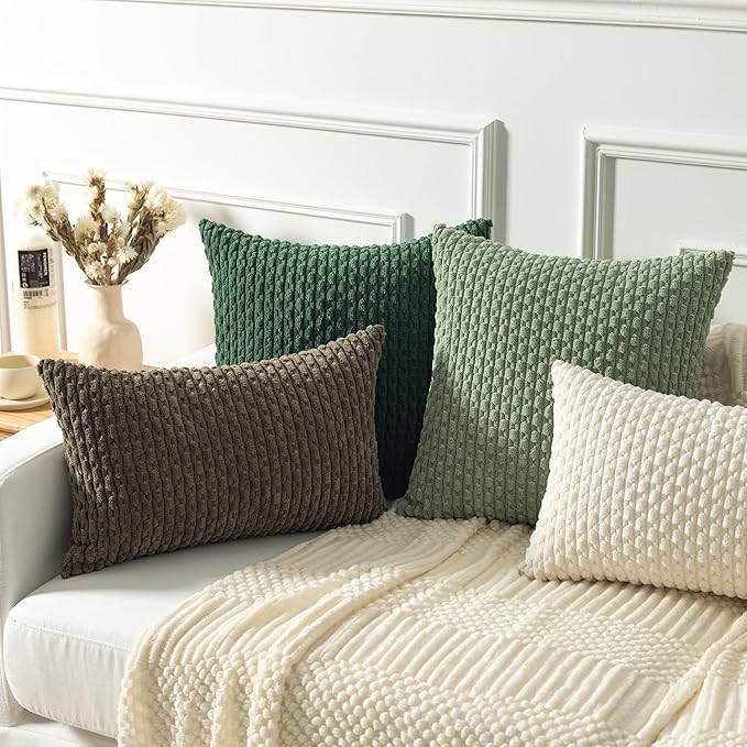 Kevin Textile 2 Packs Decorative Throw Pillow Covers 18x18 Inch for Living Room Couch Bed Spring Sofa Soft Striped Corduroy Square Cushion Case 45x45 cm Farmhouse Boho Home Decor Sage Green