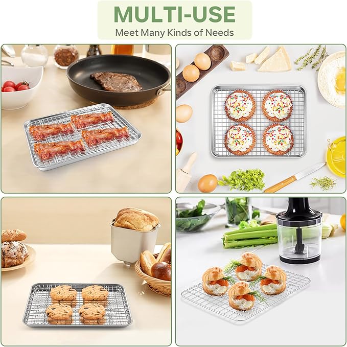 TeamFar Toaster Oven Pan with Rack Set, 9’’ x 7’’ x 1’’ Stainless Steel Compact Toaster Oven Small Baking Pan Tray with Mini Cooling Grid Rack, Healthy & Heavy-Duty, Dishwasher & Oven Safe, 2pcs