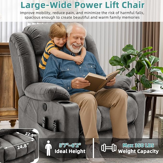 MEETWARM Oversized Dual Motor Lay Flat Power Lift Recliner Chair for Big Elderly with Heat Massage, Large Sleeping Electric Recliner with Extended Footrest, Lumbar Pillow, USB & Type-C Ports, Gray