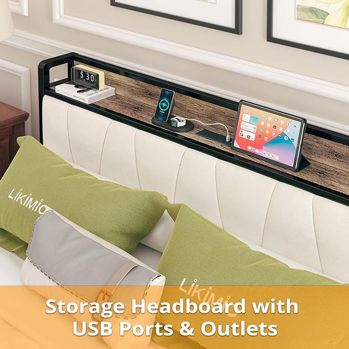 LIKIMIO Full Size Bed Frame, Storage Headboard with Charging Station, Solid and Stable, Noise Free, No Box Spring Needed, Easy Assembly (Walnut and Beige)