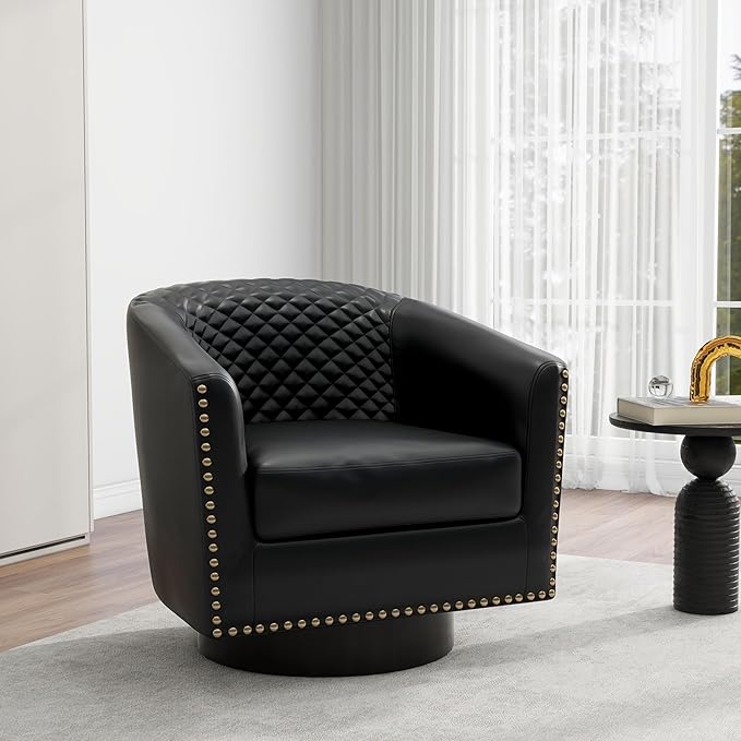 Swivel Barrel Accent Chair, Comfy Modern Upholstered Round Faux Leather Arm Chair for Living Room, Bedroom（Black, Set of 4