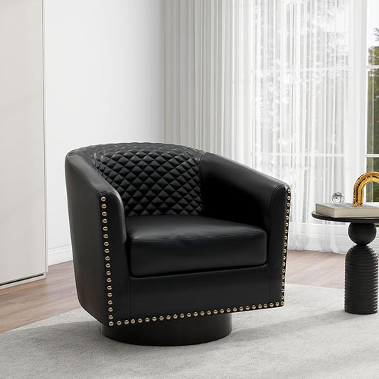 Swivel Barrel Accent Chair, Comfy Modern Upholstered Round Faux Leather Arm Chair for Living Room, Bedroom（Black, Set of 1