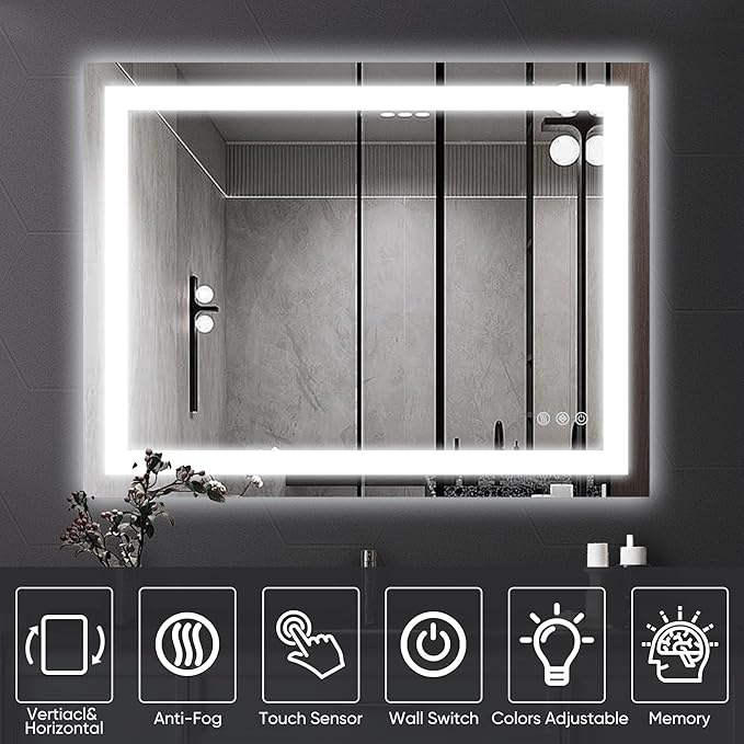 Antok 36"x 28" LED Bathroom Mirror with Lights, Anti-Fog, Dimmable, Lighted Vanity Mirror with Tempered Glass, Memory Function, 3 Light Modes, Safe Use, Horizontal, Vertical