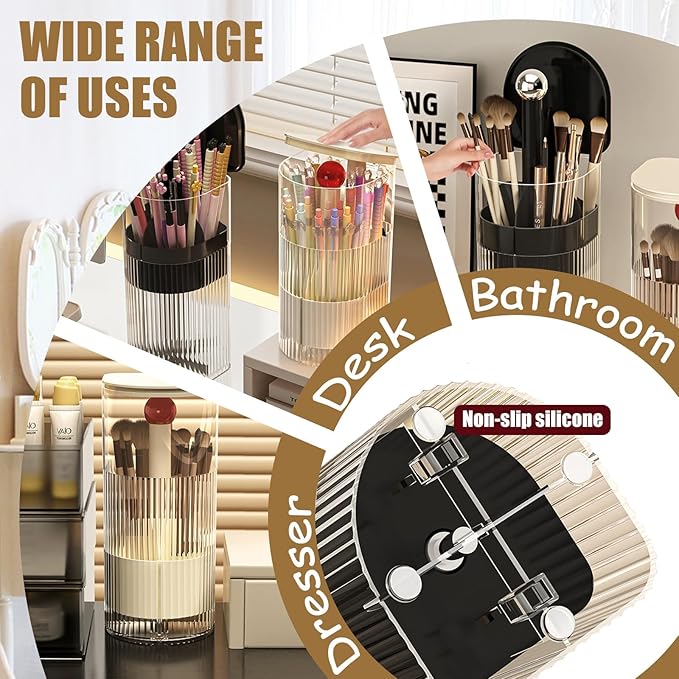Makeup Brush Holder with Lid, One-Hand Press Open/Close Mechanism Cosmetic Tools Organizer, Clear Waterproof Dustproof Make Up Storage for Vanity, Bathroom Countertop-Cream-Silver Ball
