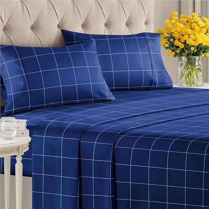 CGK Unlimited Blue Grid Bed Sheet Set – 1 Flat & 1 Fitted Sheet & 2 Pillowcases w/Deep Pockets – Wrinkle & Fade Resistant - Soft, Breathable & Cooling – Checkered Grid Bed Set, Seasons - King Size