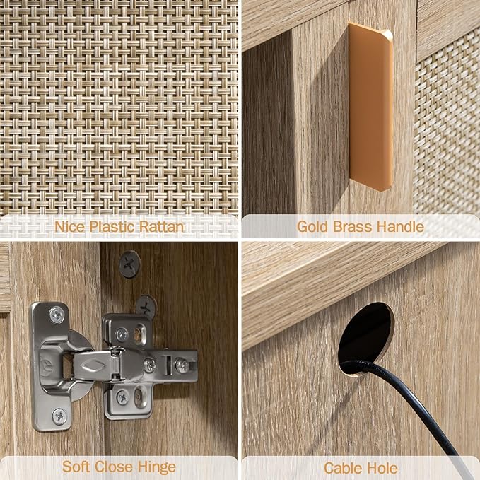 SICOTAS Rattan TV Stand for Living Room - 26" Tall TV Console Cabinet with Storage and Adjustable Shelf, Boho Entertainment Center, 59" Media Console for 50, 55, 65 Inch TV, Light Oak