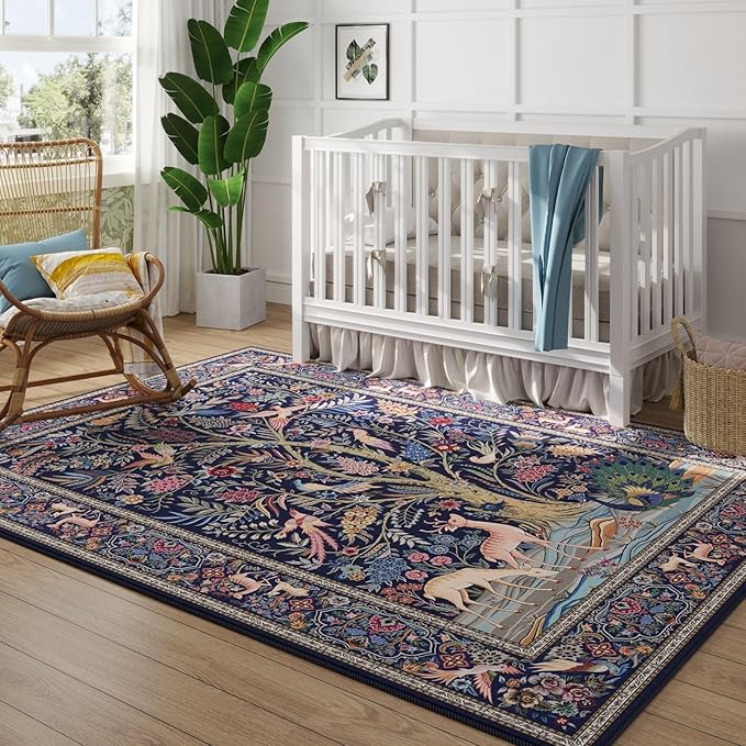 8x10 Area Rugs Vibrant Tree of Life-Patterned Vintage Washable Area Rug Non Slip Low Pile Large Rug for Bedroom Farmhouse Dining Room Kids Playroom, Blue