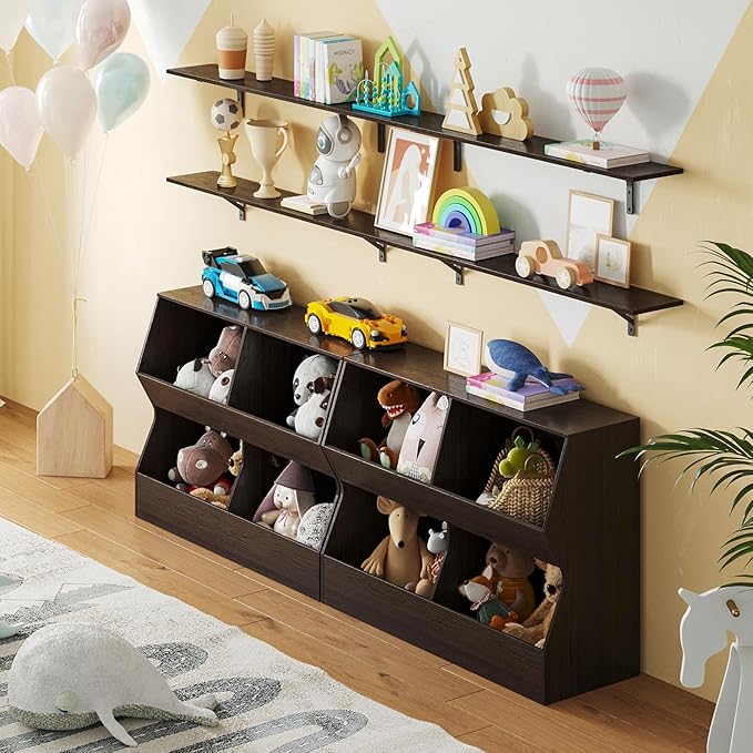 DINZI LVJ Kids Bookshelf, Toy Storage Organizer, Wooden Toy Storage Cabinet, 4 Cubby Children Bookcase, 39.4" L Toddler Book Shelf for Bedroom, Nursery, Hallway, School, Espresso