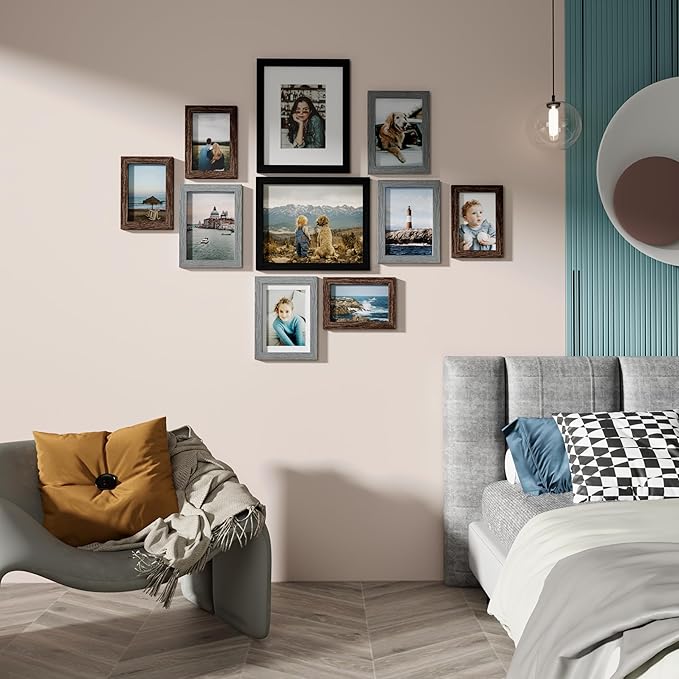 Vittanly Picture Frames Set of 10, Picture Frames Collage Wall Decor with Two 8x10, Four 5x7, and Four 4x6 Photo Frames, Gallery Wall Frame Set for Wall or Tabletop Display, Black&Brown&Grey