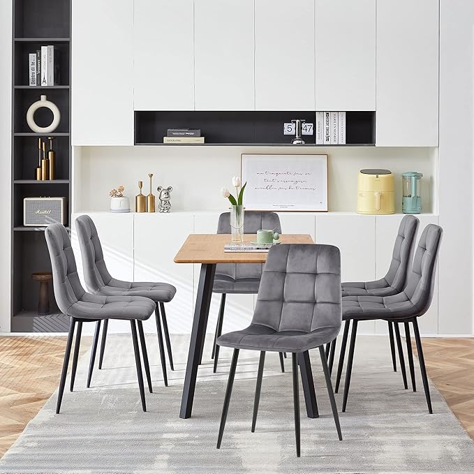 Grey Velvet Chair Set of 6,Mid-Century Modern Dining Chair Upholstered Living Chair Tufted Reception Chair with Solid Black Metal Legs for Bedroom,Dining Room,Kitchen