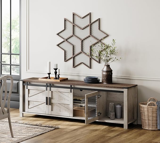 WAMPAT Farmhouse TV Stands for 100+ Inch TV, Wooden Entertainment Center with Mesh Barn Doors, Media Console with Storage Shelf for Living Room Bedroom, Rustic Oak and White
