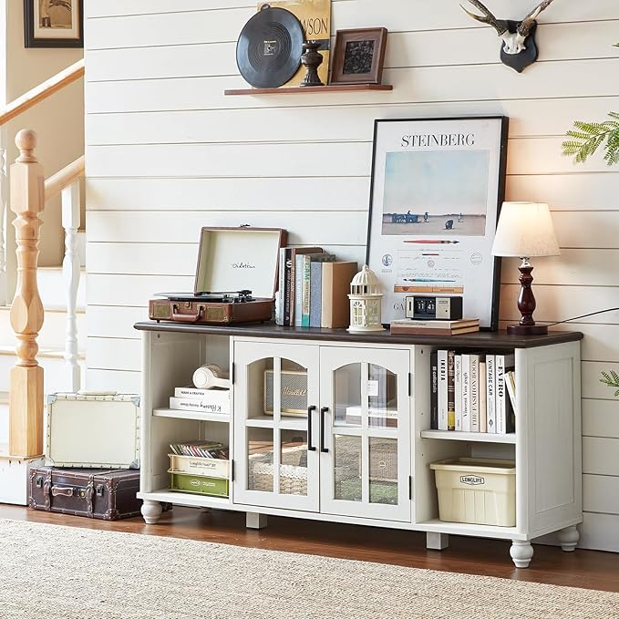 Farmhouse TV Stand for 60 Inch TV, Wood Entertainment Center with Adjustable Shelves & Glass Door Storage Cabinet,Television Stands for 65" TVS,TV Console Table for Living Room,Bedroom,White