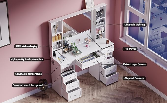 Vanity Desk with Mirror and Lights,Makeup Vanity Desk with Facial Mask Box, Dressing Table with Bluetooth Speaker, Makeup Vanity Set with Wireless Charger, 9 Drawers and 10 Shelves (White)