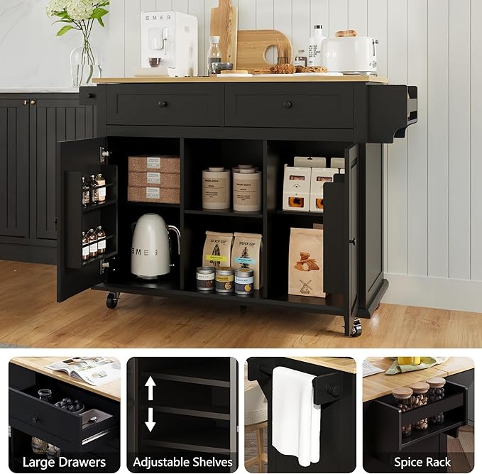 Rolling Kitchen Island Cart with Drop Leaf, Large Kitchen Island on Wheels with Storage and 2 Drawers, Mobile Island for Kitchen with Rubber Wood Countertop, Towel Rack (Black, Large)