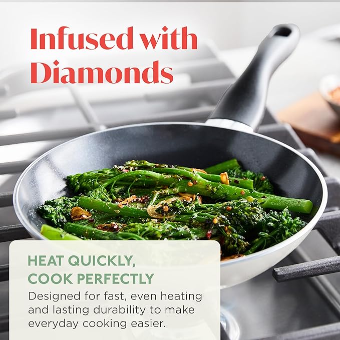 Deco 8” Nonstick Frying Pan Skillet, Made in Italy, Diamond Ceramic PFAS-Free, Dishwasher & Metal Utensil Safe, Durable Gloss Enamel Finish, Stay-Cool Handle, High Walls-Extra Room, Taupe