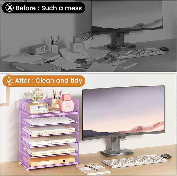 Subekyu 6-Tier Desk Paper Organizer, Desktop File Letter Tray with Handle, Document Sorter and Accessories Holder for Office, Home and School Workspace Organizers, Purple-2 Pack