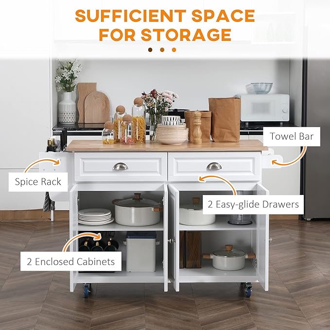 HOMCOM Rolling Kitchen Island Cart with Drop Leaf, Kitchen Cart on Wheels with Rubber Wood Top, 2 Drawers and 2 Storage Cabinets, Island Table for Kitchen, Dining Room, White
