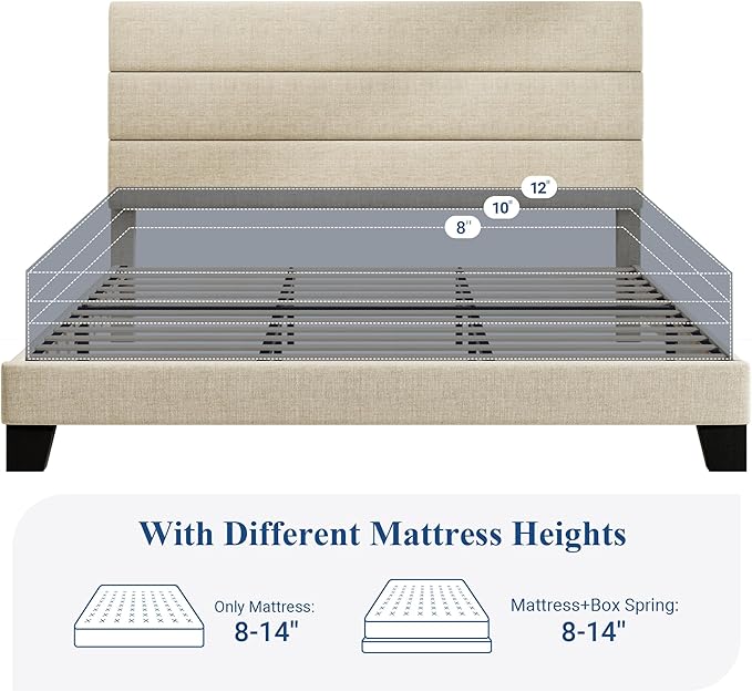 Allewie King Size Platform Bed Frame with Fabric Upholstered Headboard and Wooden Slats Support, Fully Upholstered Mattress Foundation/No Box Spring Needed/Easy Assembly, Beige