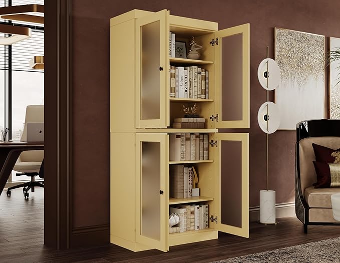 Palace Imports Solid Wood Bookcase w/Frosted Glass Doors & Adjustable Shelves for Living Room - 6-Tier Tall Bookshelf, 71.5" H x 32” W - Yellow, 100% Renewable Eco-Friendly Wood, Made in Brazil