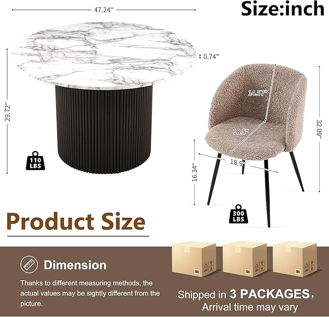 47" Round Kitchen Dining Table Set for 4, Two-Part White Marble Tabletop with Wood Strips, Industrial Home Kitchen Table Set with Brown Sherpa Barrel Dining Accent Side Chairs Comfy