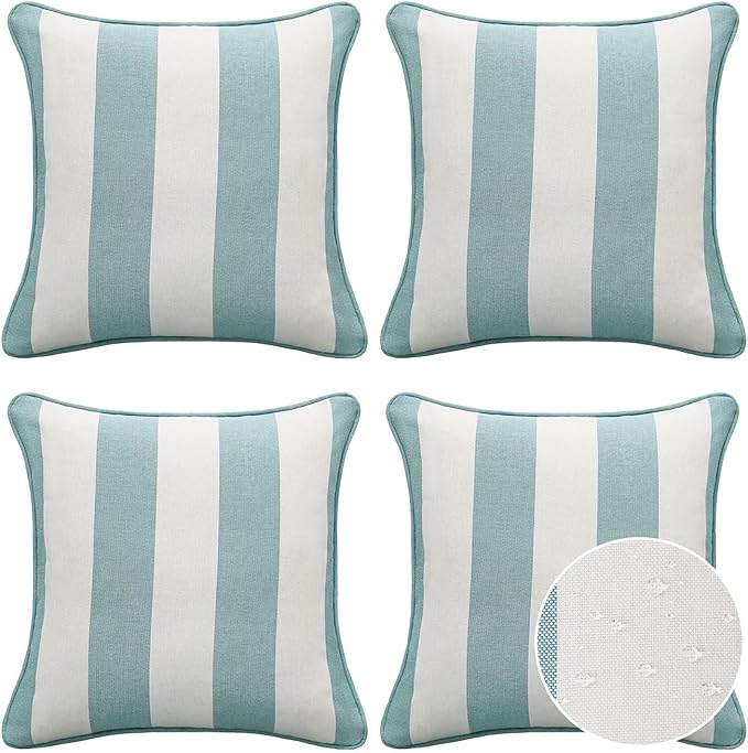 Decorative Outdoor Water Repellent Throw Pillows with Inserts, Set of 4, 18" x18" Pillows for Patio, Backyard, Bed, Couch, and Patio Furniture, Turquoise Stripe