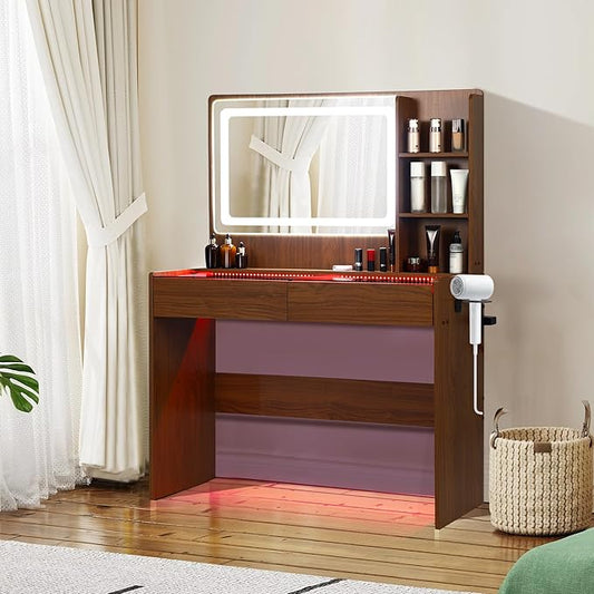 Vanity Desk，Transparent Desktop, Multiple Color Ambient Lights, with Mirror and Tri Color Light Strip, Dressing Table with Charging Station, Equipped with 2 Drawers, Peach Colored