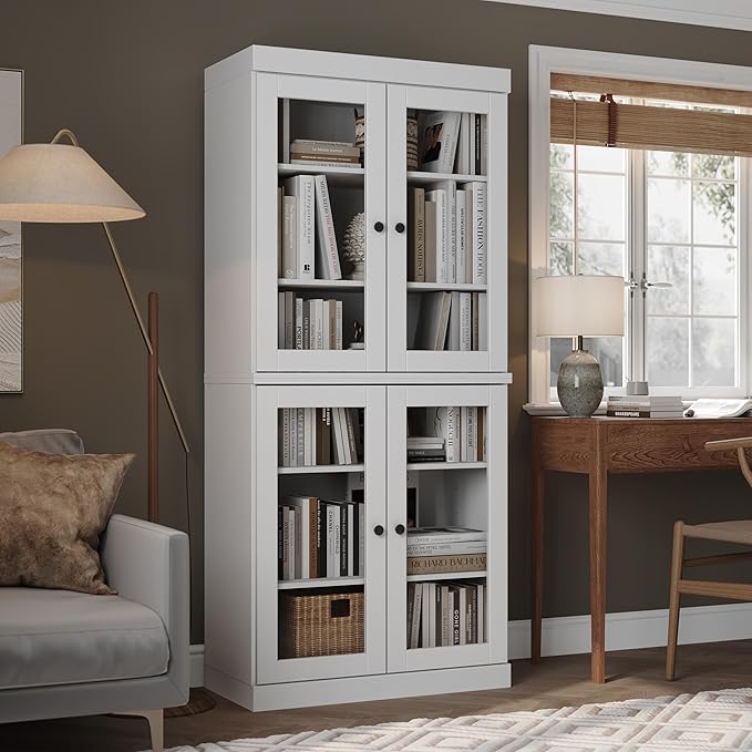 Palace Imports Solid Wood Bookcase - 6-Tier Tall Bookshelf, 71.5” H x 32” W - White, Clear Glass Cabinet Doors & Adjustable Shelves for Living Room, 100% Renewable Eco-Friendly Wood, Made in Brazil
