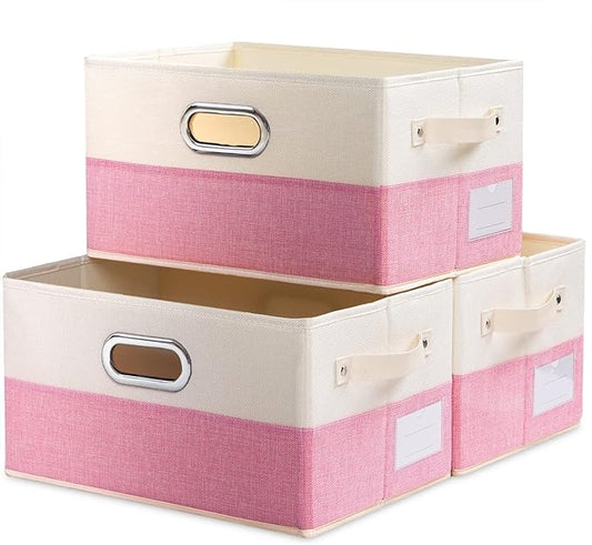 PRANDOM Large Collapsible Storage Baskets for Closet [3-Pack] Decorative Fabric Storage Bins Cubes with Leather/Metal Handles for Shelves Bedroom Living Room Pink&Cream (14.9x9.8x8.3 Inch)
