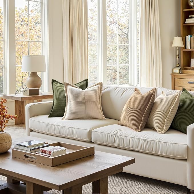 MIULEE Decorative Lumbar Throw Pillow Covers for Couch Bed Livingroom 14x22 Inch Set of 2 Beige Boho Accent Throw Pllows Broadside Striped Patchwork Soft Corduroy Pillowcases