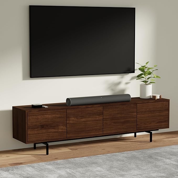 Norrhaus 75" x 20" Walnut 4-Door TV Stand in Walnut - Modern TV Console Made from Quality Engineered Hardwood with Water Resistant Melamine Veneer - No Tools Frame Assembly